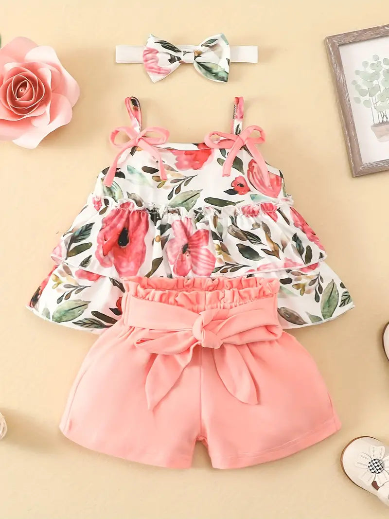 3Pcs Infant Floral bow Short Set