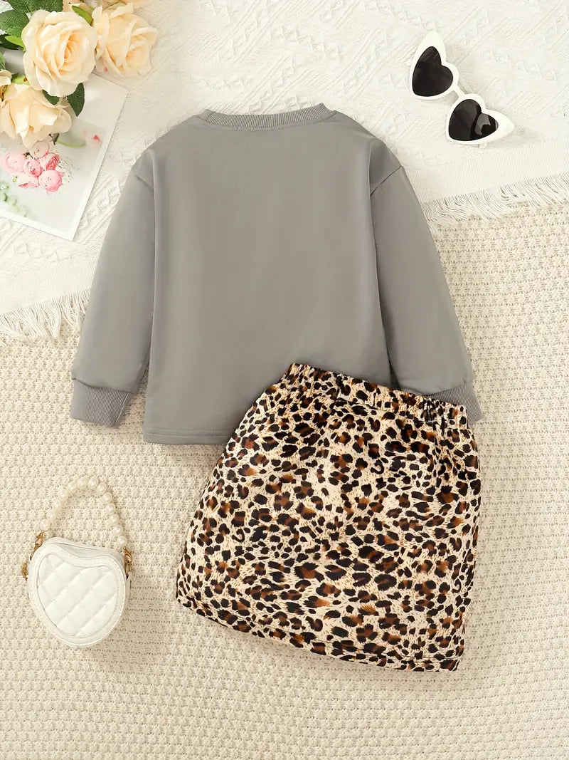 Leopard Bun 2 Pcs. Sweatshirt Skirt Set