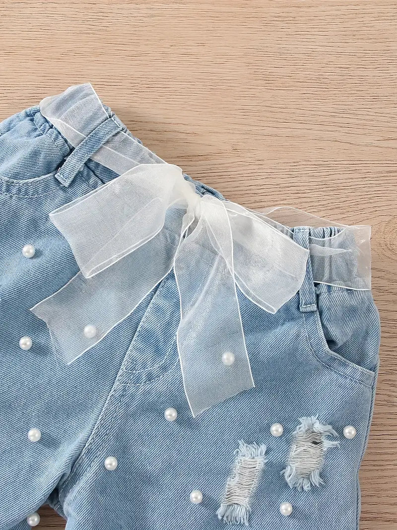 Simple But Cute Denim Embellished Pearl Shorts Set w/ Tank