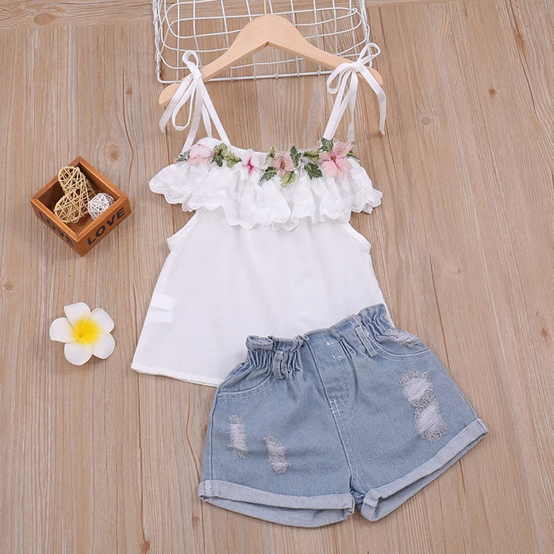 Flower Destructed Shorts Set