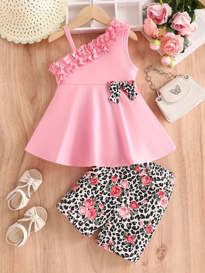 2Pcs One Shoulder Floral Short Set