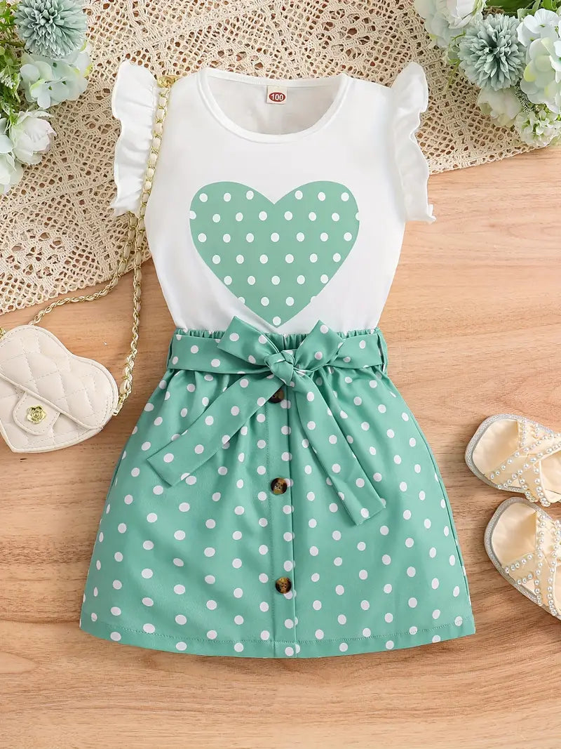 2-piece Toddler Girl Polka dots Mesh Puff-sleeve Blouse and Button Design Plaid Skirt with Belt Set