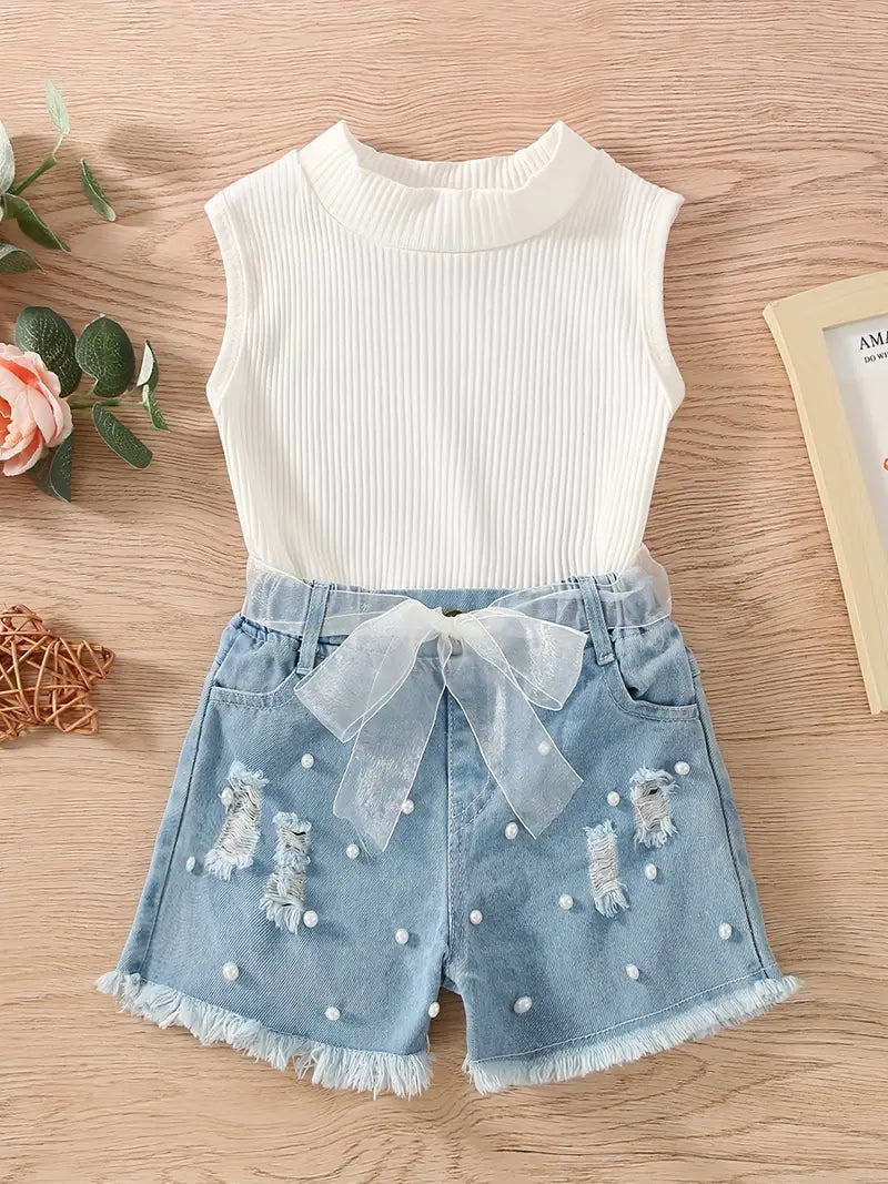 Simple But Cute Denim Embellished Pearl Shorts Set w/ Tank