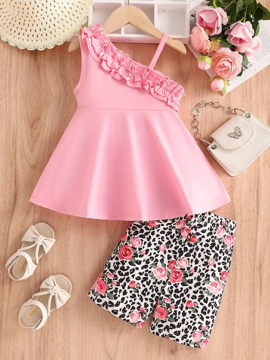 2Pcs One Shoulder Floral Short Set