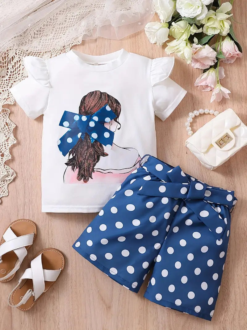 Ponytail Ribbon Polka Dot 2 Piece Shorts Set