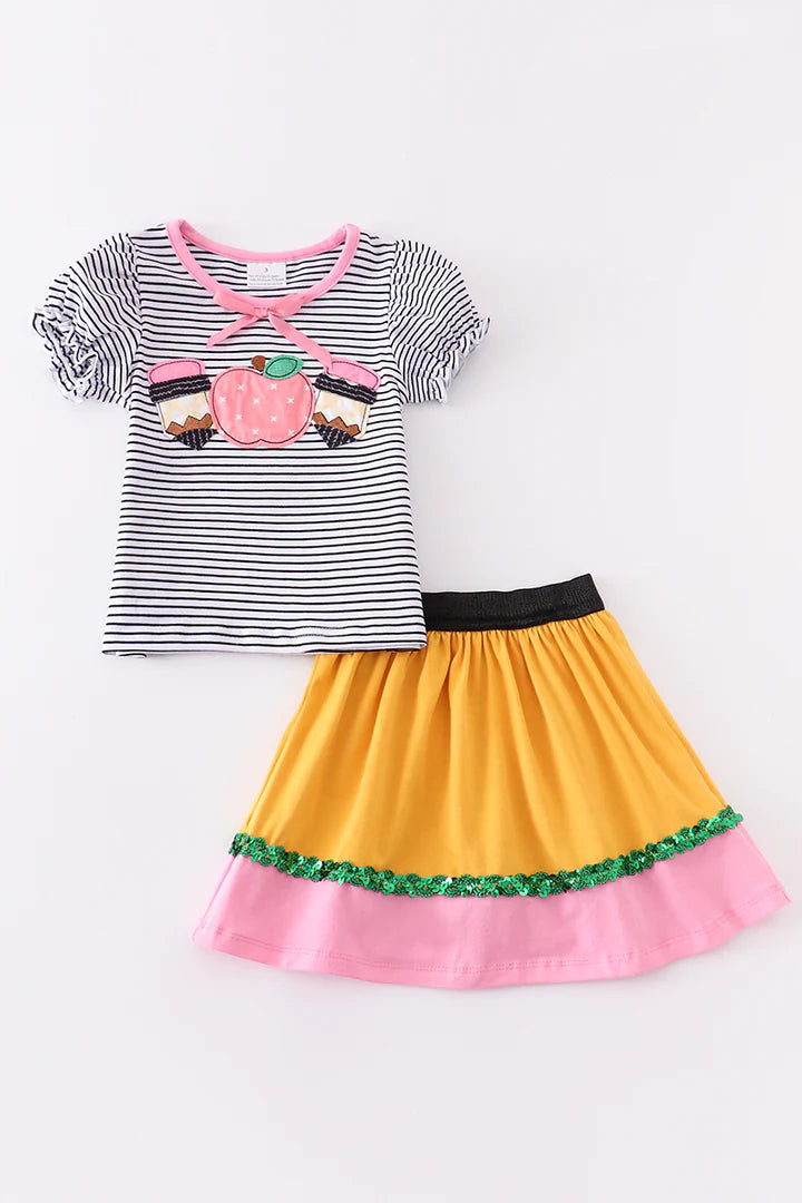 Back-To-School Pink Pencil Bow 2 Pcs Skirt Set