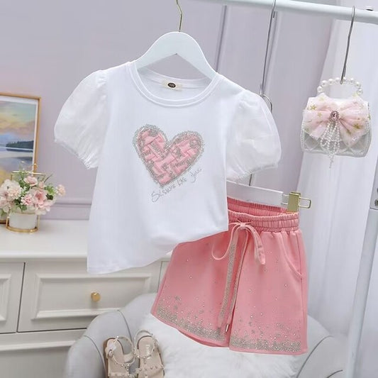 Pink Hearts Sparkling Shorts Set